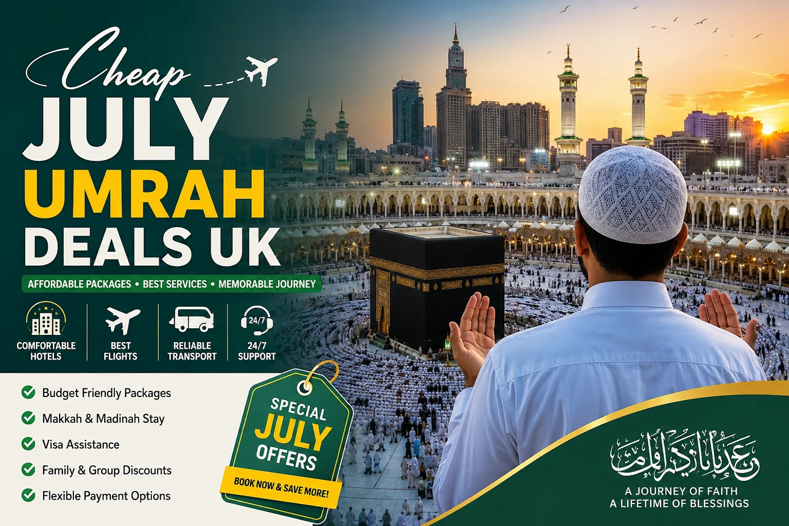 Cheap July Umrah deals UK featuring pilgrims at the Holy Kaaba in Makkah with affordable Umrah packages, flights, hotels, and a spiritual summer pilgrimage.