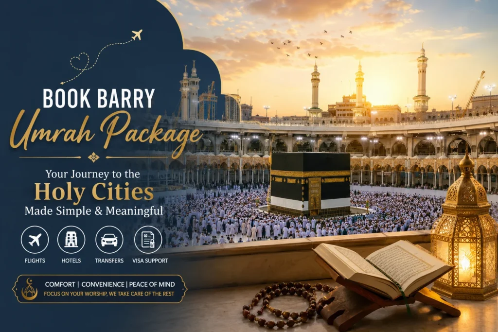 Home 53 Book Barry Umrah Package featuring the Holy Kaaba in Makkah at sunset with pilgrims performing Umrah, showcasing a trusted and affordable Umrah journey from Barry, UK.