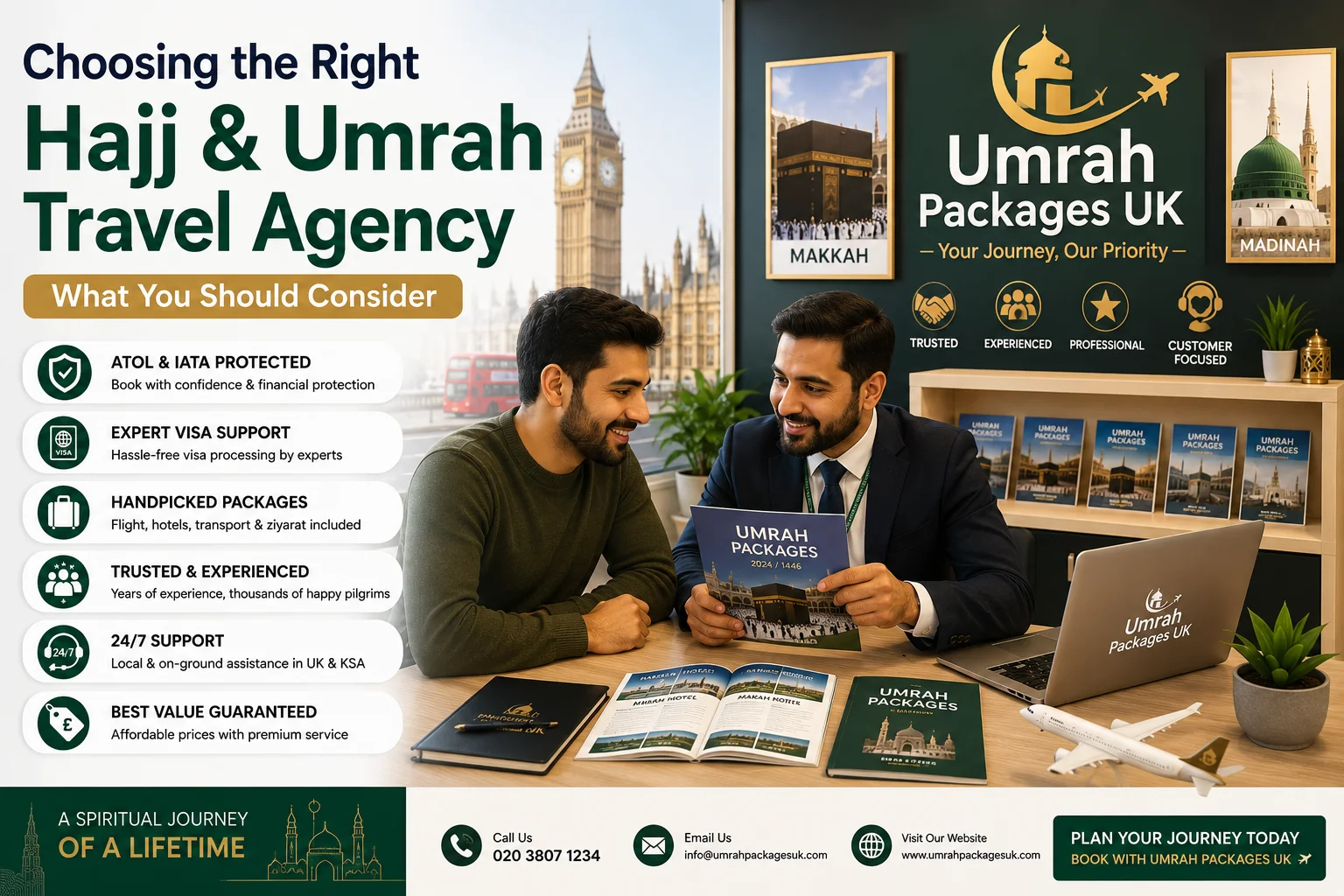 Professional travel agency office scene for Hajj and Umrah Travel Agency, featuring Umrah Packages UK branding, consultant assisting pilgrim, and promotional visuals highlighting trusted Umrah services, visa support, and pilgrimage packages for Makkah and Madinah travel.