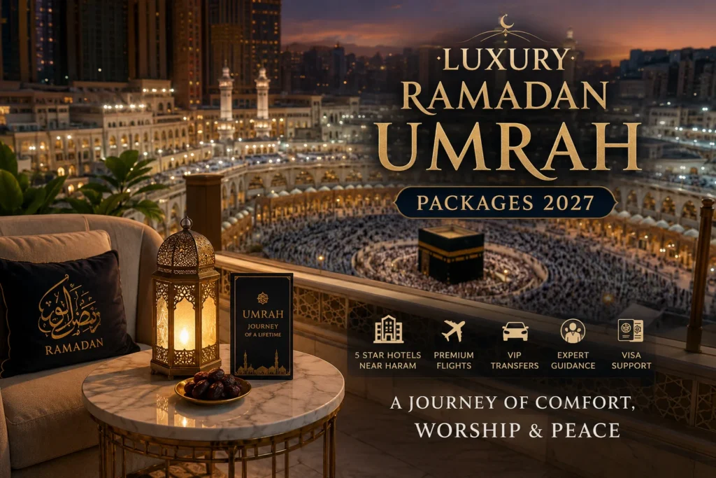 Home 53 Luxury Ramadan Umrah Packages 2027 promotional scene showing a premium hotel balcony view of the Kaaba in Makkah at sunset with elegant décor, highlighting a high-end spiritual travel experience during Ramadan.