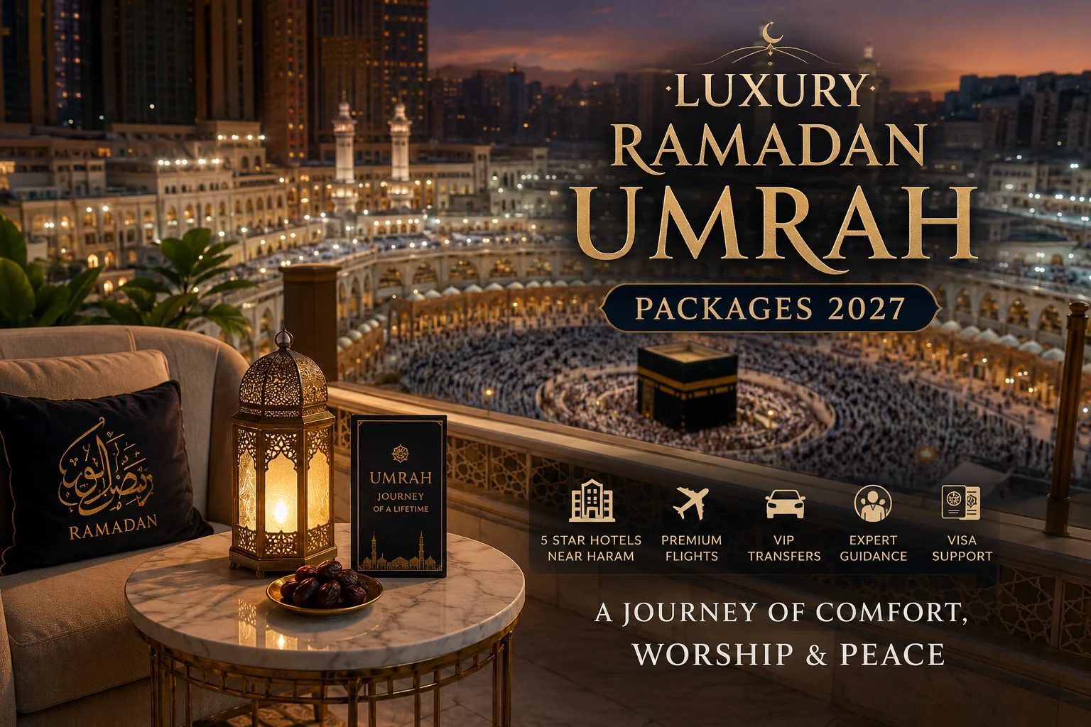 Luxury Ramadan Umrah Packages 2027 promotional scene showing a premium hotel balcony view of the Kaaba in Makkah at sunset with elegant décor, highlighting a high-end spiritual travel experience during Ramadan.