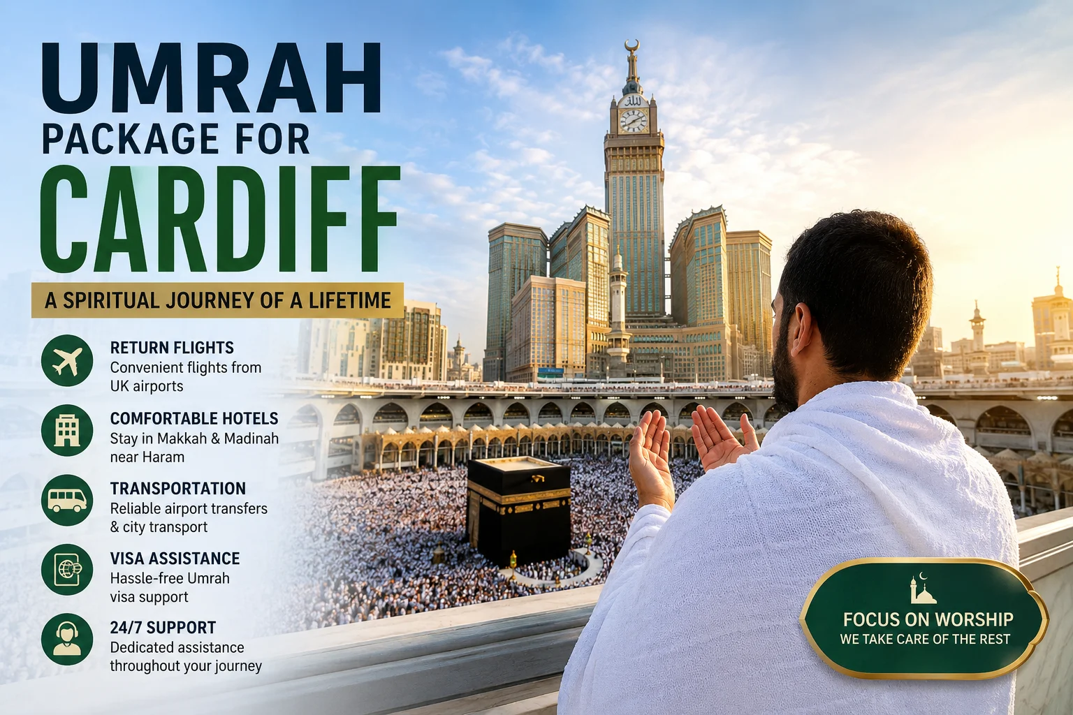 Umrah package for Cardiff – pilgrims performing Umrah at the Holy Kaaba with premium travel packages including flights, hotels, visa assistance, and transport from the UK.