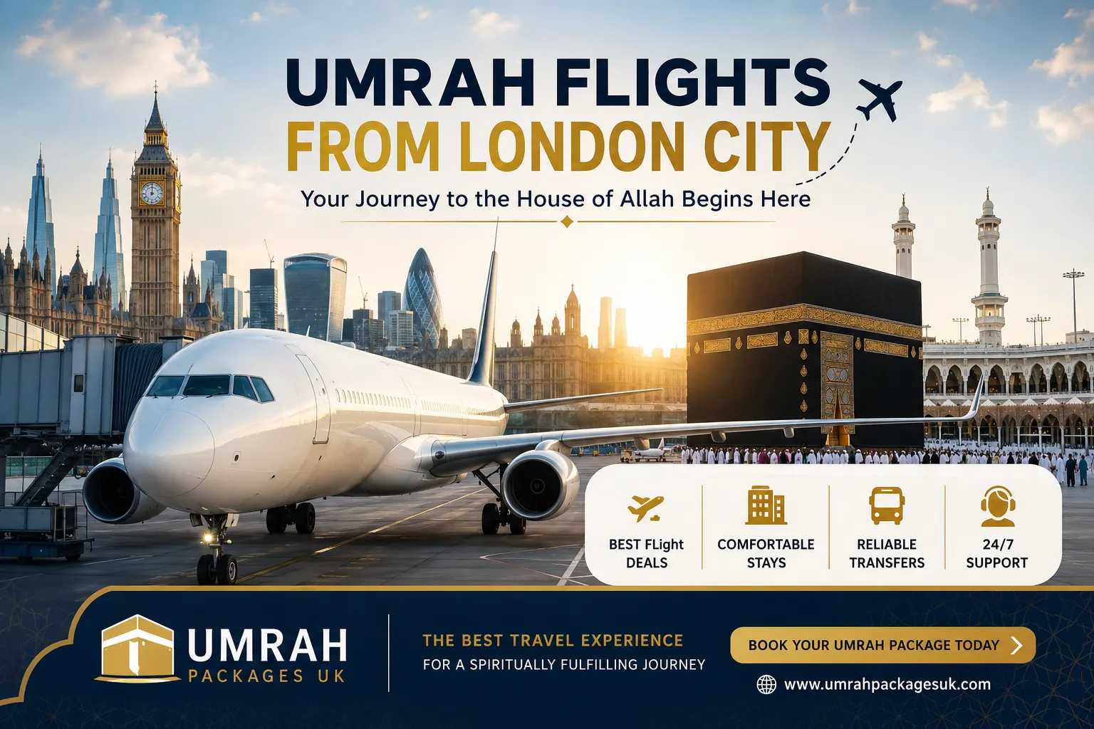 Umrah Flights from London City featuring passenger airplane and Umrah Packages UK promoting affordable Umrah travel from the UK.