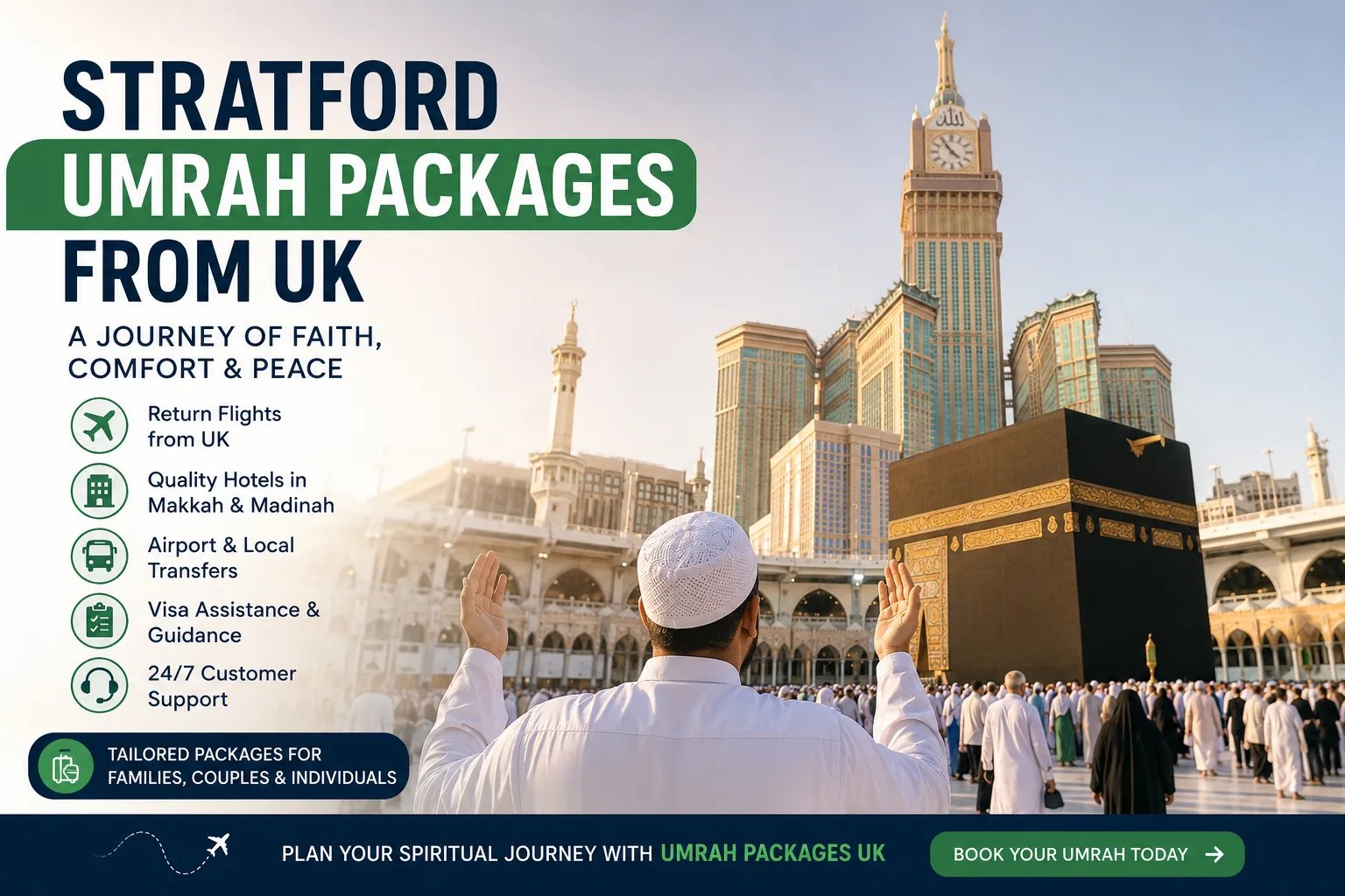Stratford Umrah Packages from UK pilgrims praying with premium Umrah travel services pilgrimage packages.