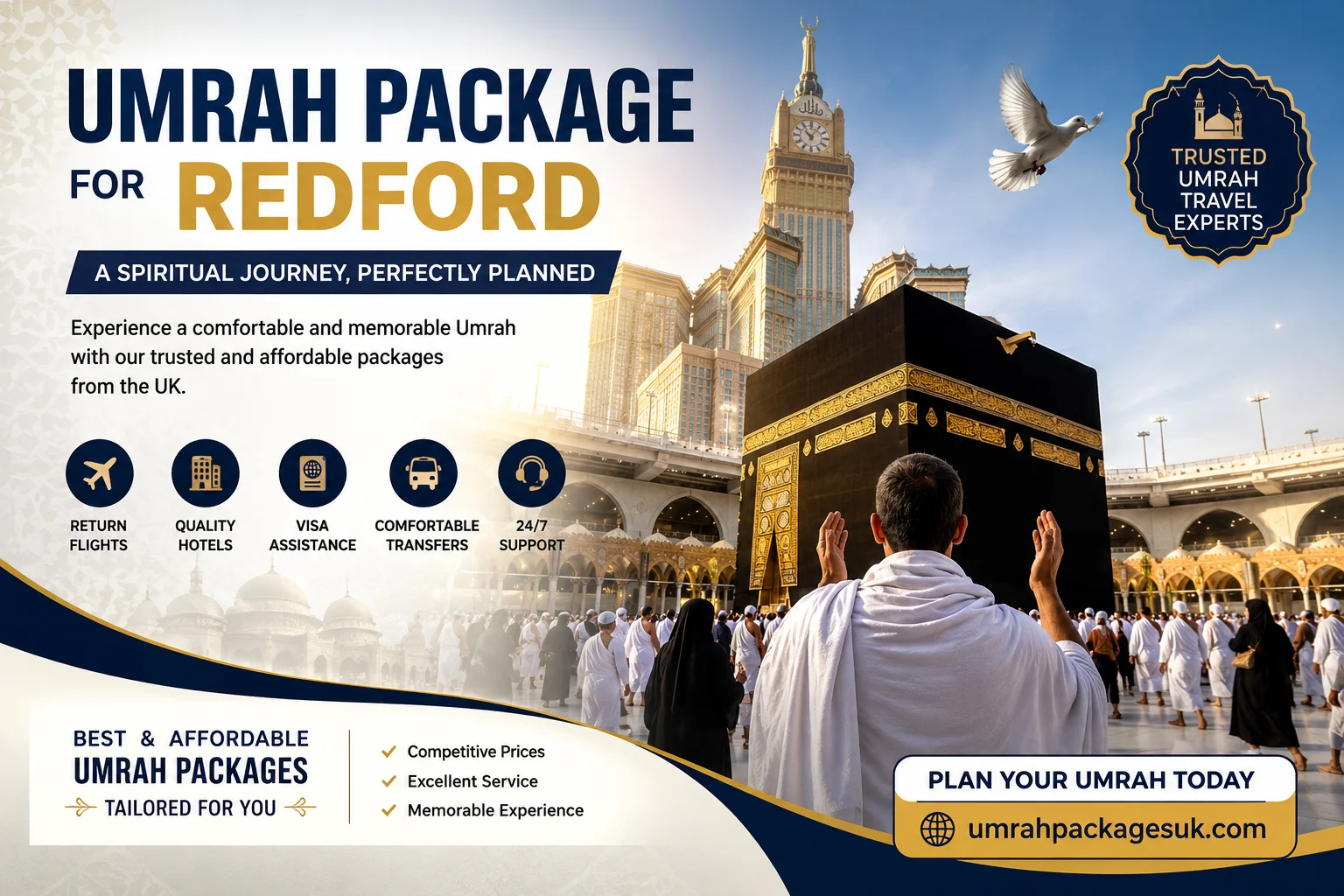 Umrah Package for Redford featuring the Holy Kaaba in Makkah, pilgrims performing Umrah, luxury accommodation, visa assistance, return flights, and affordable UK Umrah travel services.