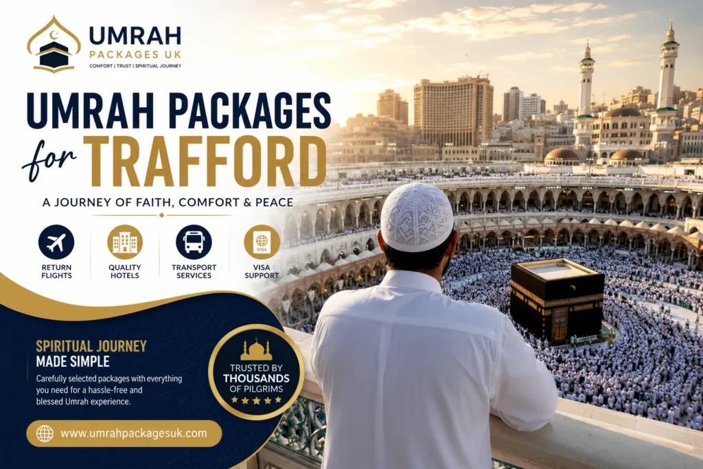 Home 53 Umrah Packages for Trafford promotional Umrah travel services, support, and trusted pilgrimage packages by Umrah Packages UK.