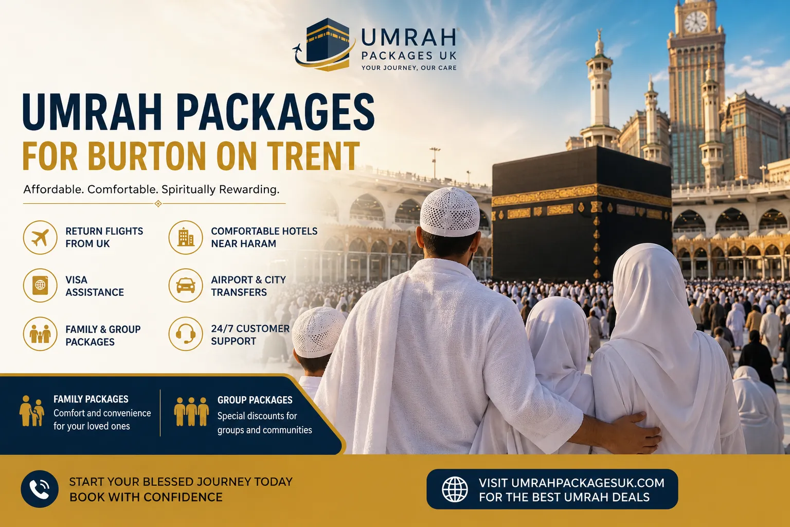 Umrah Packages for Burton on Trent showcasing affordable Umrah travel with flights, hotels, visa assistance, and family & group packages by Umrah Packages UK.