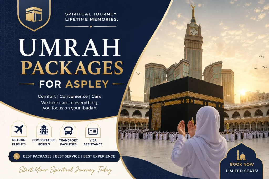 Home 53 Umrah packages for Aspley – pilgrims praying in front of the Holy Kaaba at Masjid al-Haram in Makkah during a peaceful spiritual journey, representing affordable and family-friendly Umrah travel with premium accommodation and visa assistance.