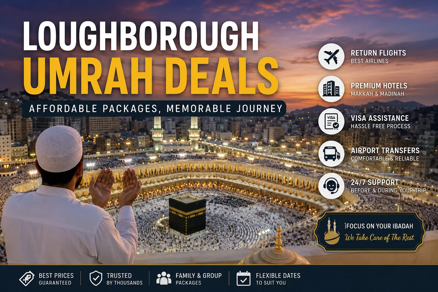 Loughborough umrah deals with pilgrims at the Kaaba in Makkah and premium Umrah travel packages from the UK.